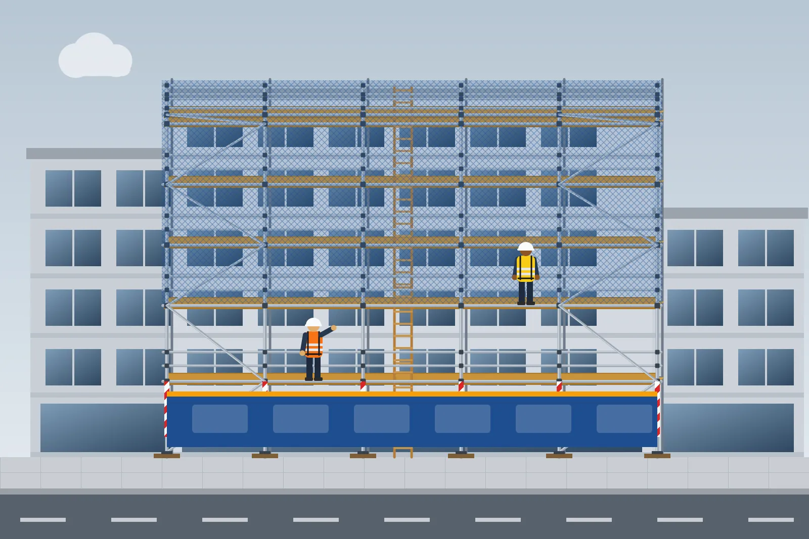 Illustration of full-height scaffolding with debris netting and hoarding on a commercial office building