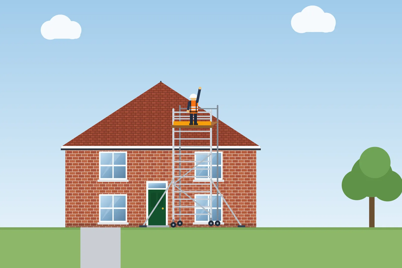 Illustration of a mobile aluminium scaffold tower with stabilisers against the gable of a brick house