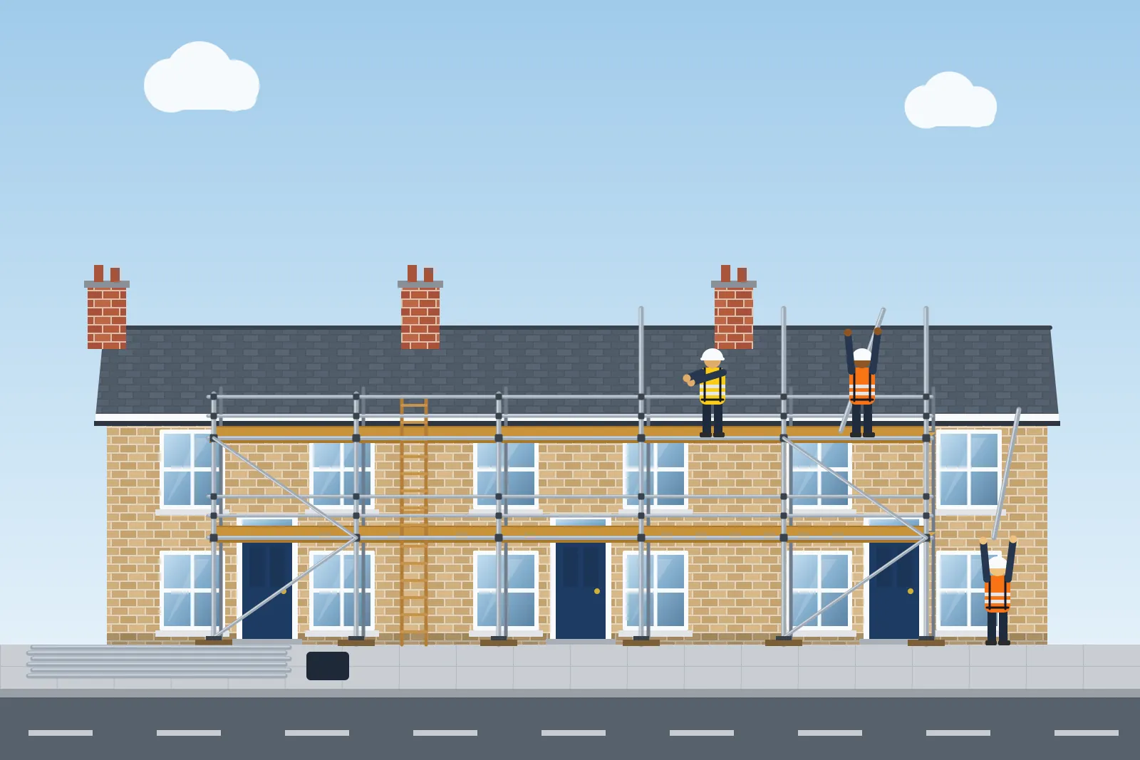 Illustration of scaffolders erecting scaffolding and passing tubes up to the next lift