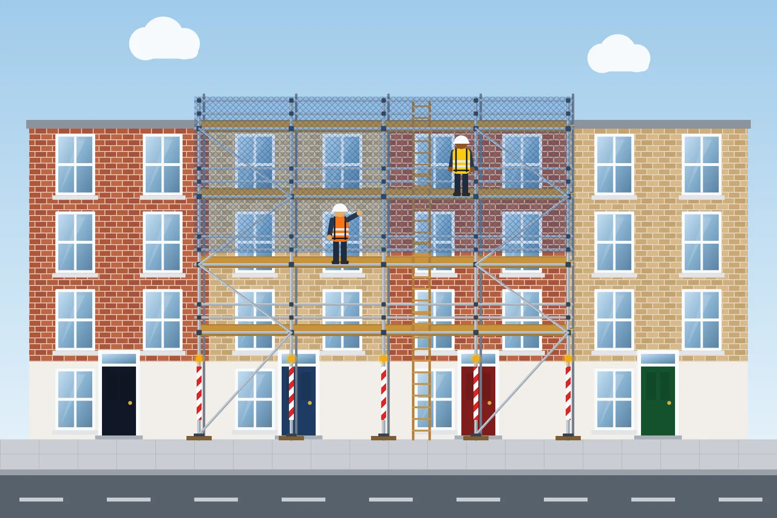 Illustration of pavement scaffolding with debris netting, hazard banding and lights on a four-storey town house terrace