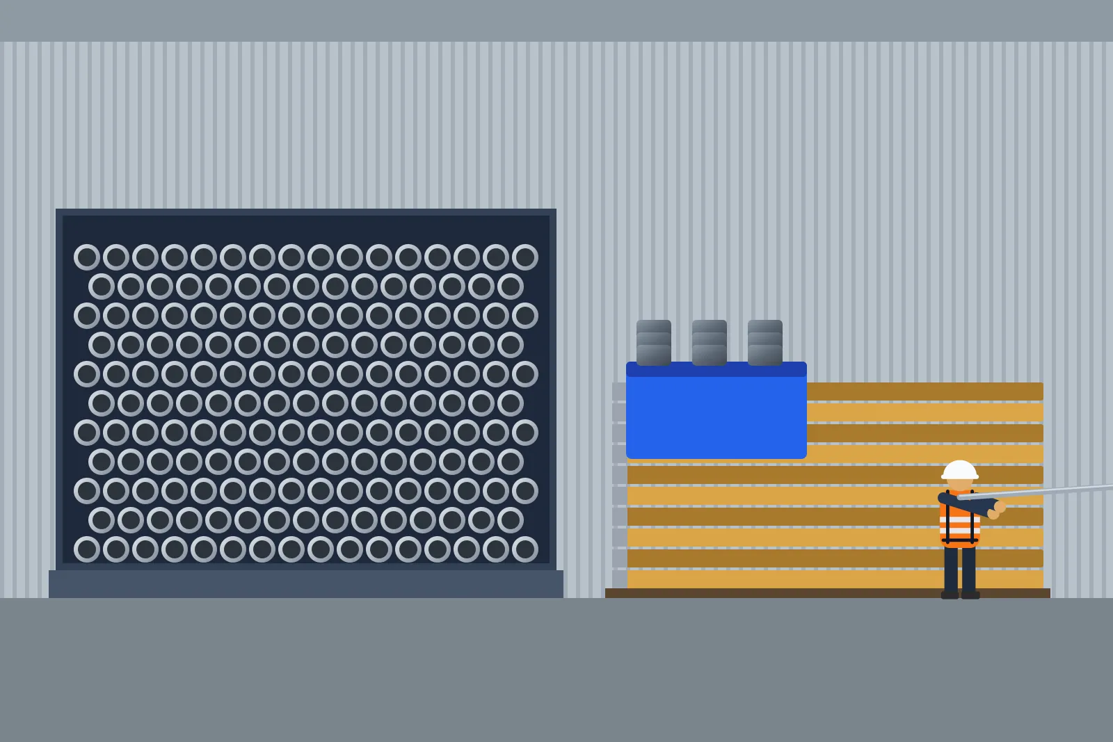 Illustration of a scaffolding yard with racks of tubes, stacked boards and a crate of fittings